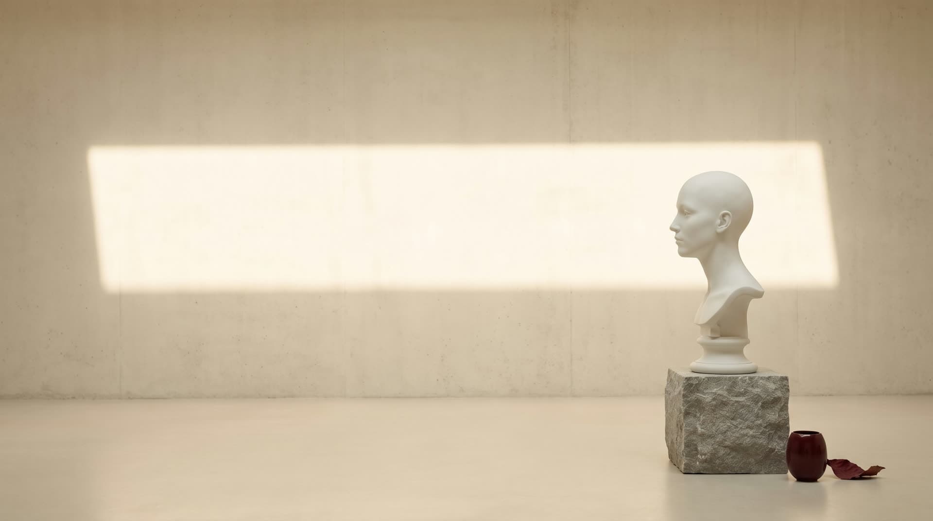 A matte porcelain bust in profile on a stone plinth, lit by a bar of warm afternoon light.