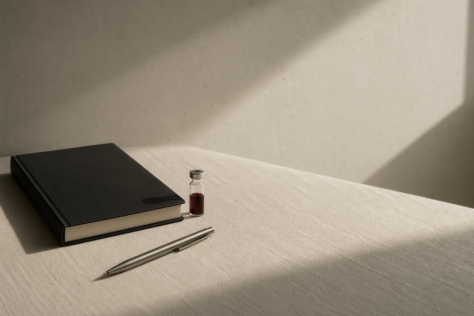 A matte-black notebook, a small vial with an oxblood accent, and a brushed steel pen on a bone-linen surface.