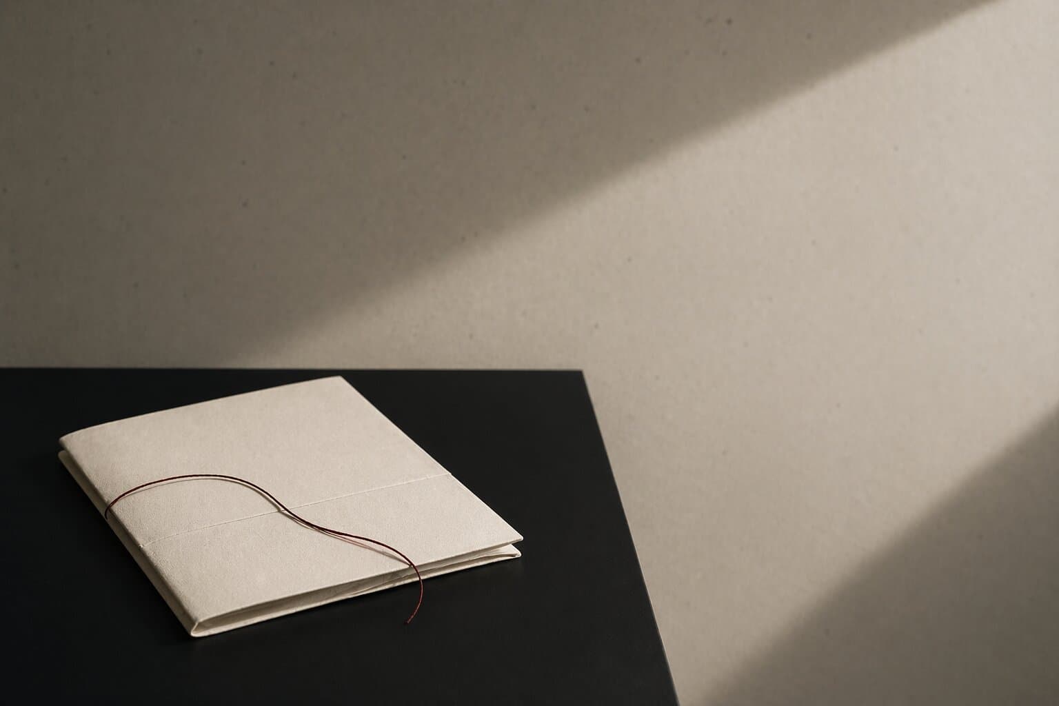 Folded bone archival paper on a matte-black surface, traced by a fine oxblood thread.