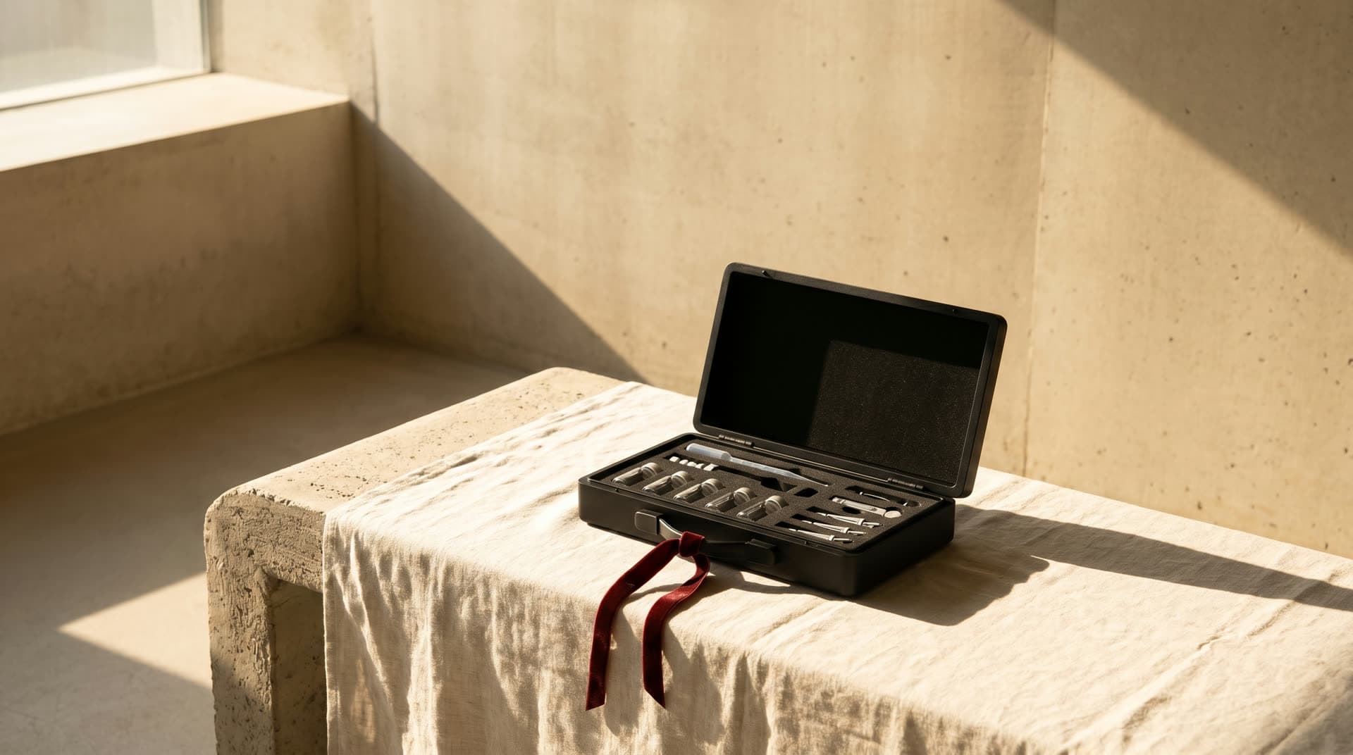 A matte-black collection case lying open on a bone-linen bench in slanting morning light.