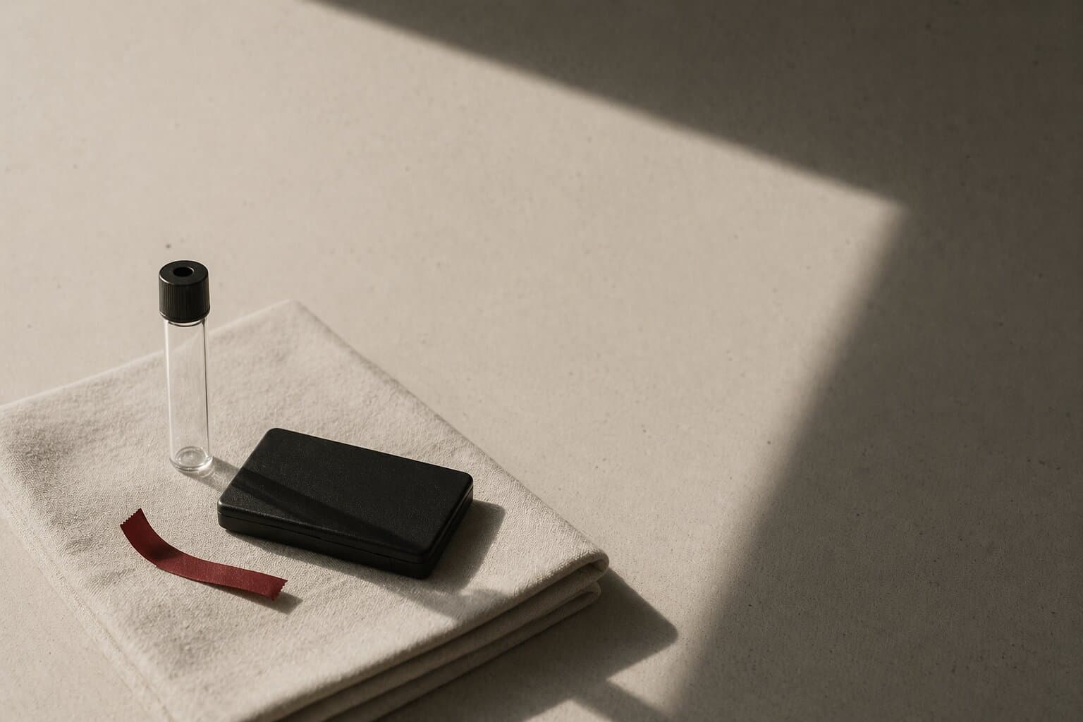 A glass vial and a matte-black case on folded bone linen, with a single oxblood ribbon swatch.