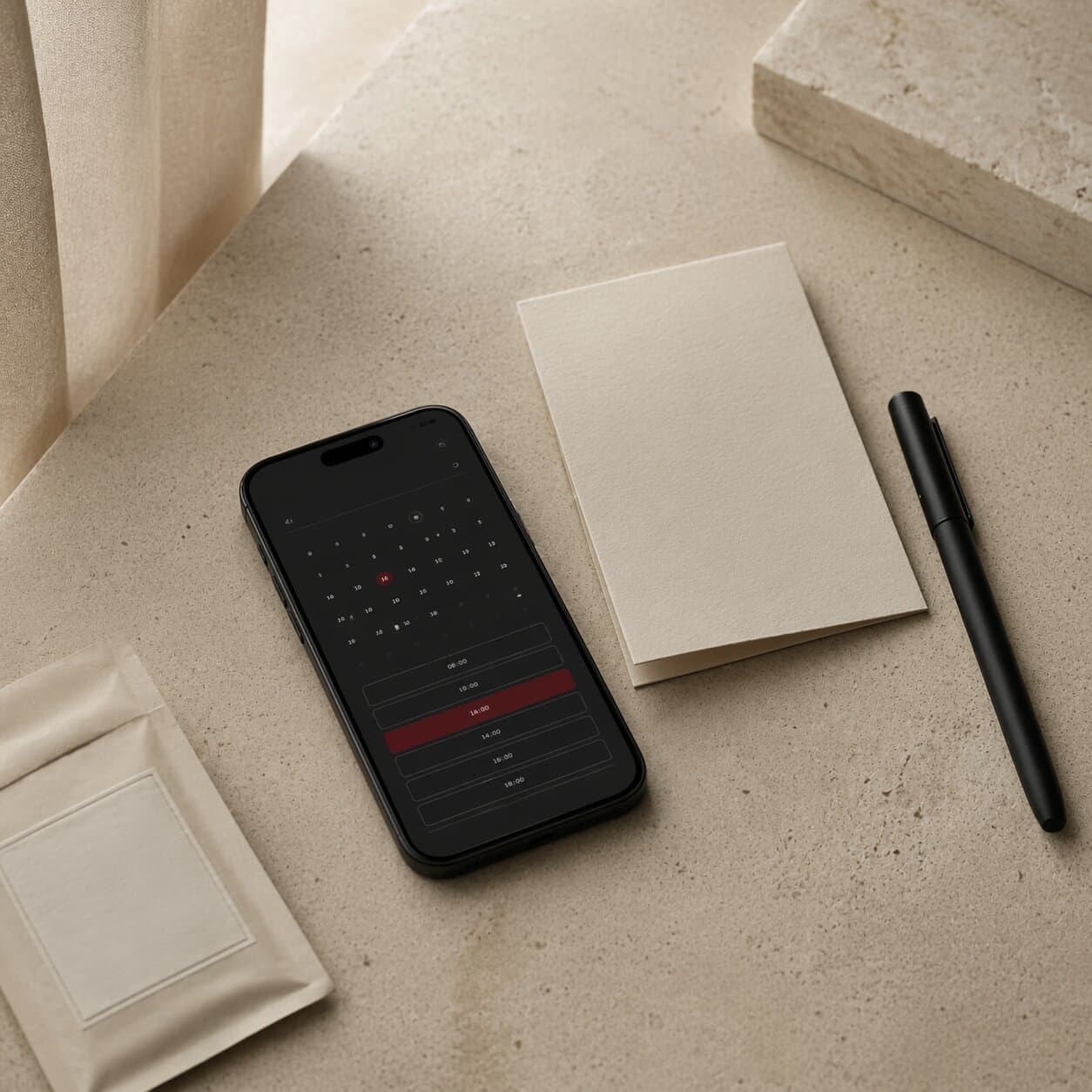 A matte-black phone resting on a bone-cream stone counter, its screen showing a dark-mode calendar with an oxblood-highlighted slot. A folded bone-linen envelope and a matte-black pen alongside.
