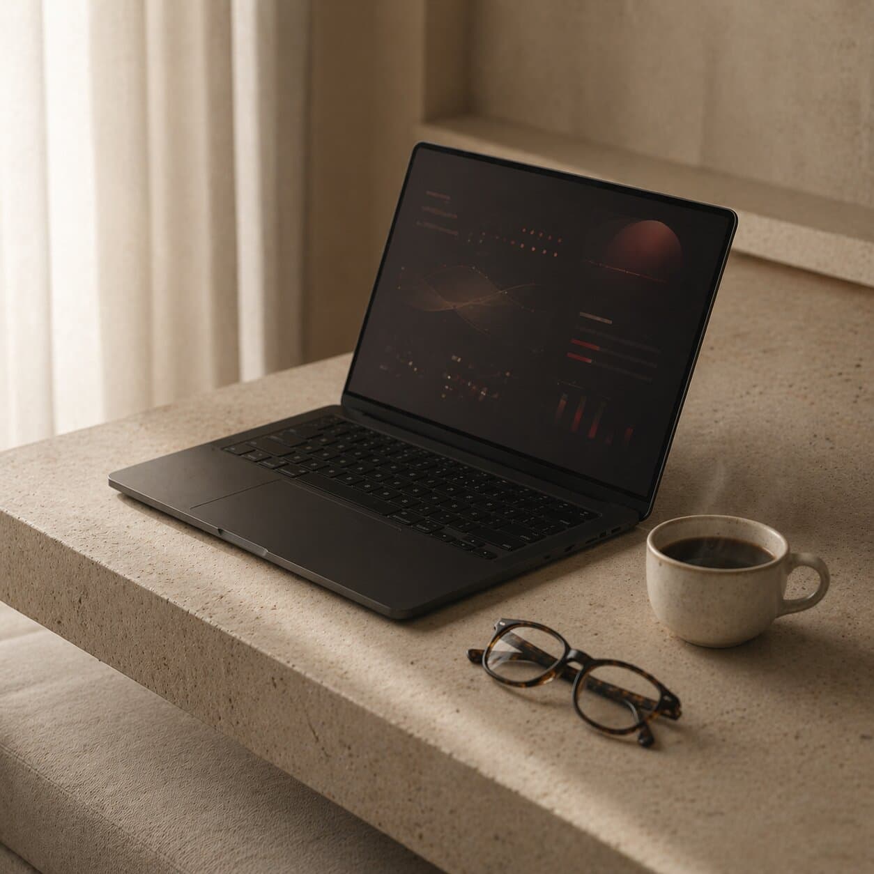A matte-black laptop on a bone stone ledge, the screen showing a dark-mode biomarker dashboard with subtle oxblood accents. A bone ceramic cup of coffee and reading glasses sit beside it.