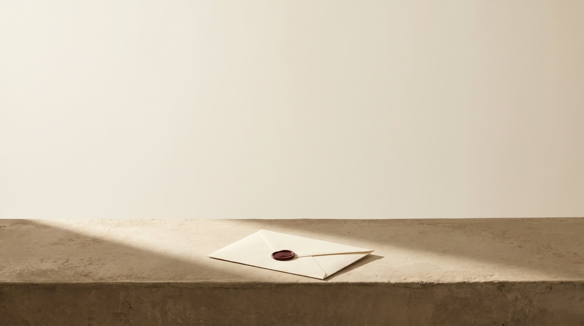 A bone-cream envelope with an oxblood wax seal resting on a concrete ledge in afternoon light.