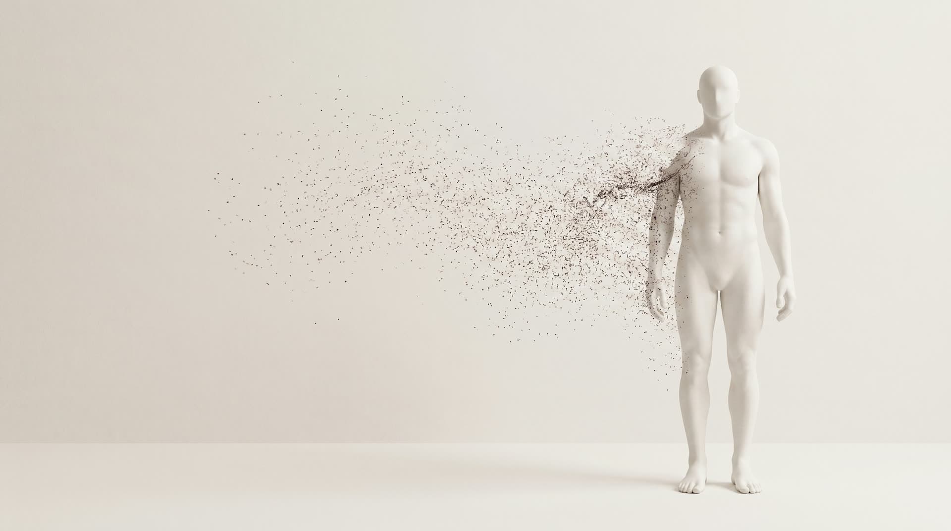 A porcelain figure dissolving into fine drifting data particles on a bone background.